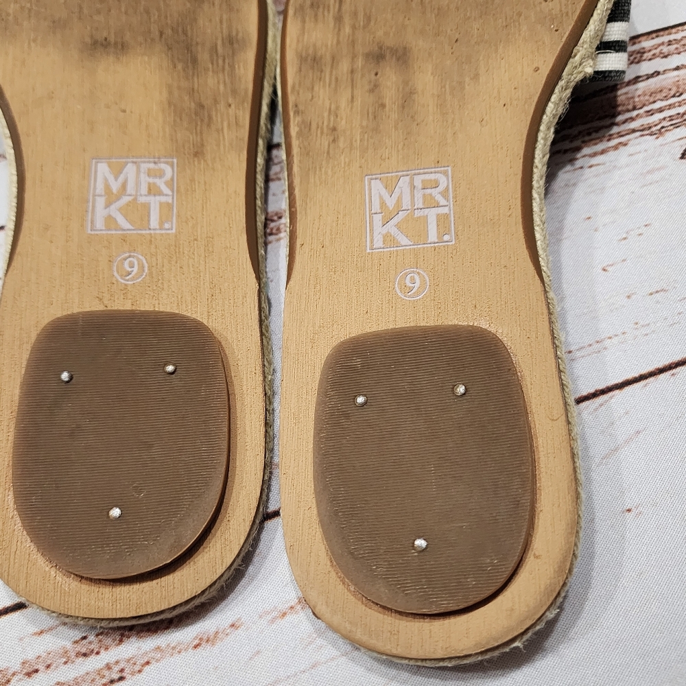 MRKT open-toe casual espadrille sandals black white striped fabric jute sole 9 - Picture 6 of 8